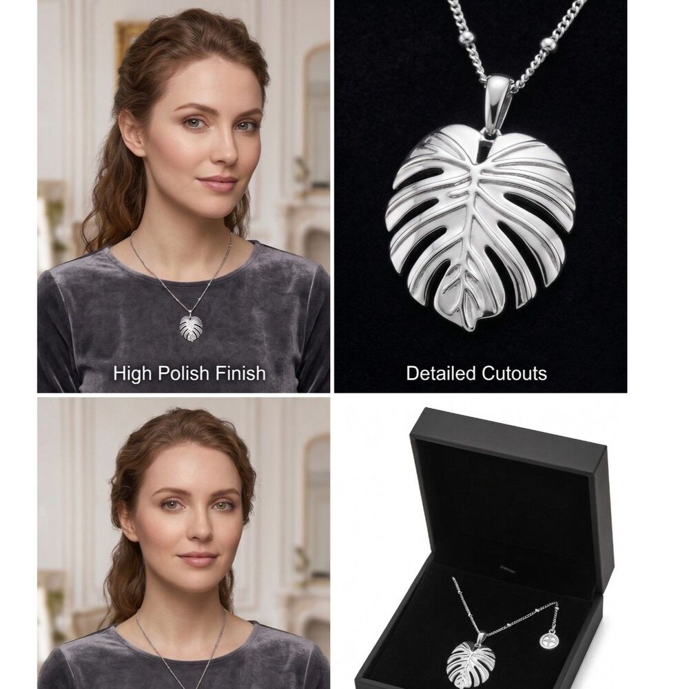 BRAND NEW Silver Tone Monstera Leaf Necklace ~Beaded Satellite Chain w/ Case